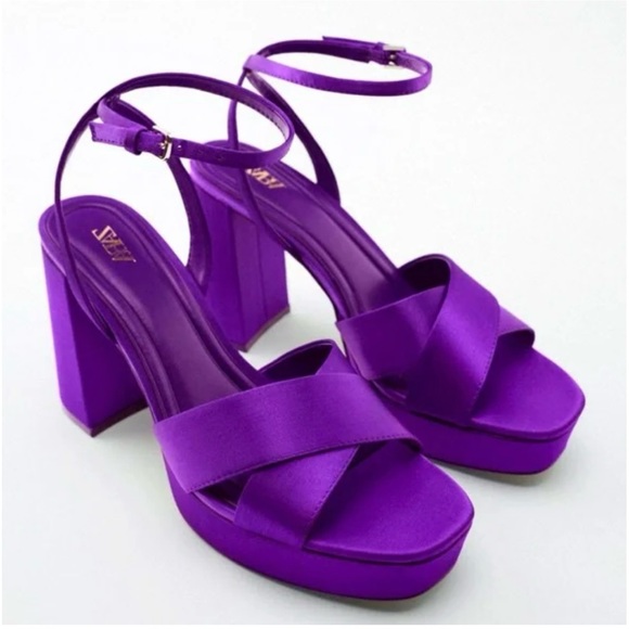 Zara Purple Satin Chunky Heel Platform Sandals - Picture 4 of 14